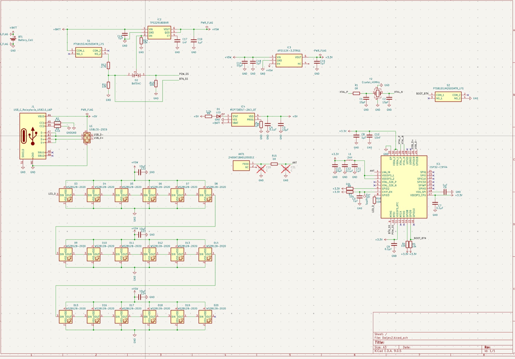 The whole thing on one sheet. Power switching top left, USB-C and charging bottom left, the eighteen LEDs in three chains, and the ESP32-C3 with its crystal and antenna on the right.
