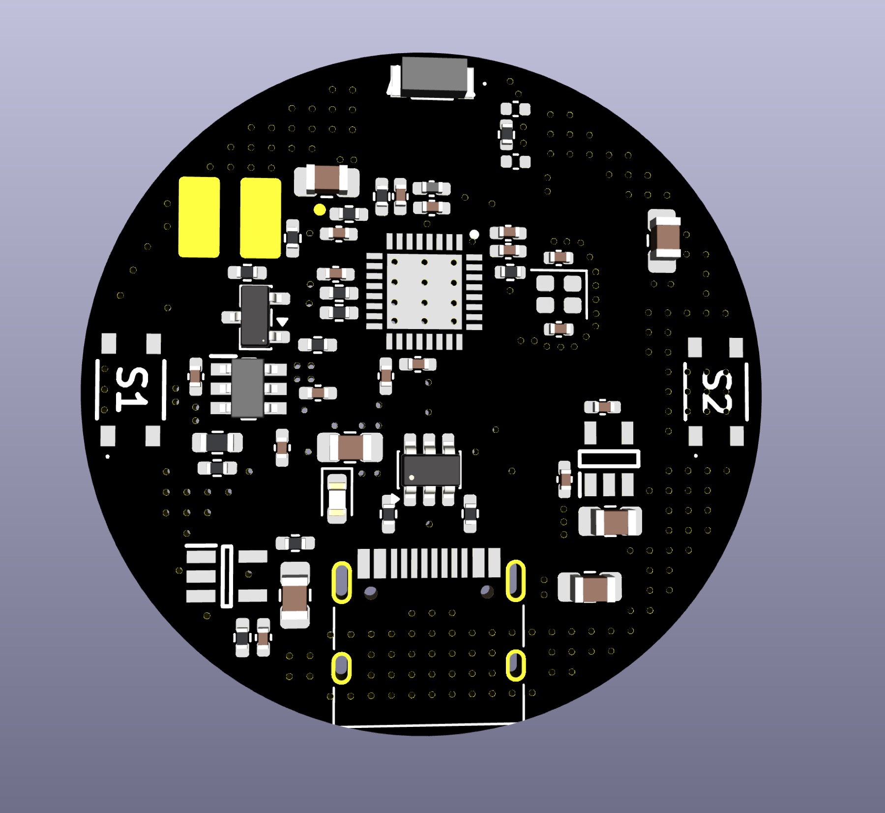 The back, as designed. ESP32-C3 in the middle, chip antenna at the top, the two buttons at nine and three o'clock, USB-C at the bottom, battery pads top left.