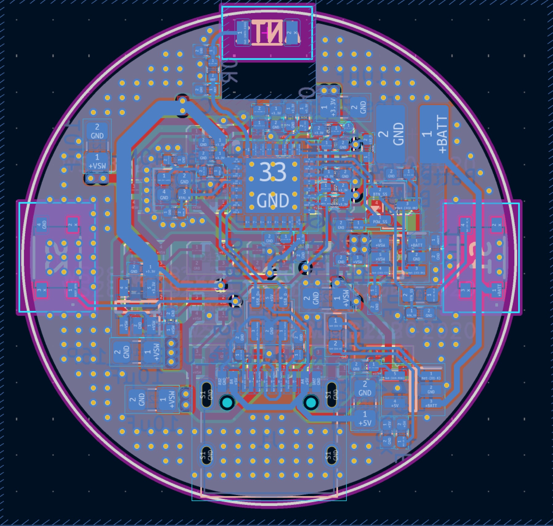 The layout. Signal and power on the outer layers only, ground stitching everywhere, and a keepout cut around the antenna.