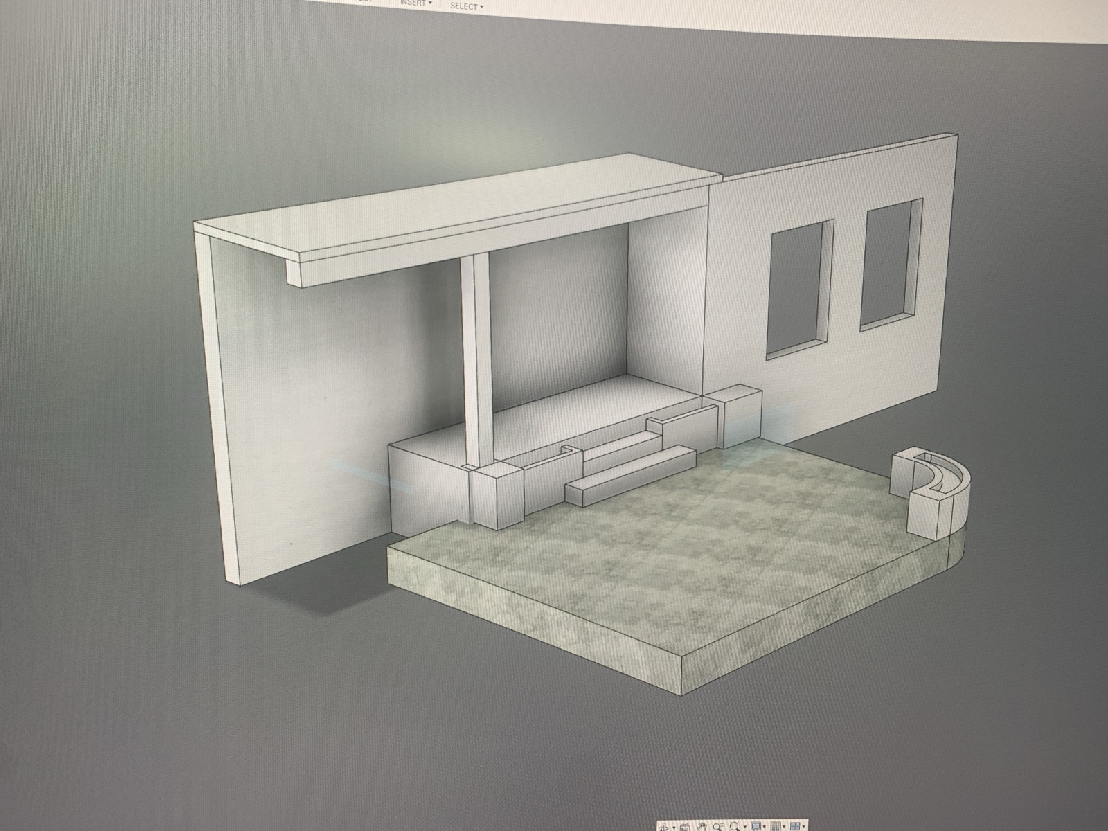 The patio as it was, modelled to scale in Fusion 360 — the old slab, the concrete planters along the edge and the original stairs.