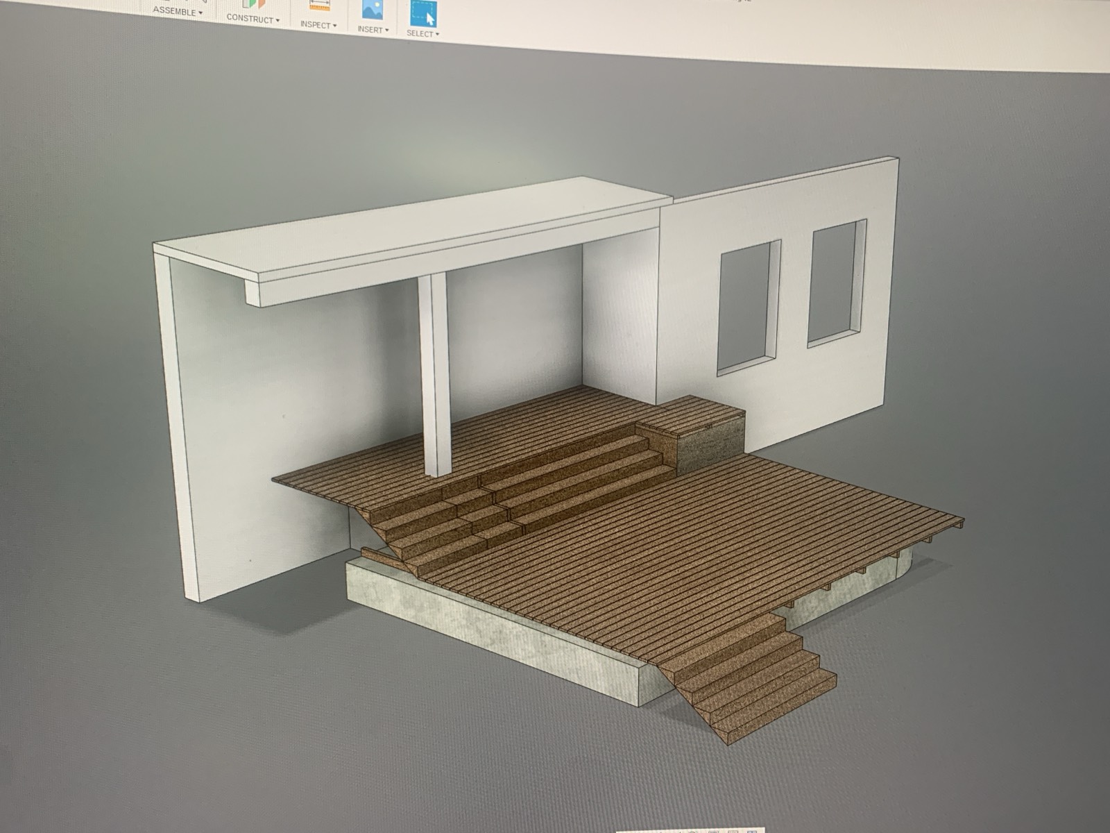 The proposal: a two-level deck, wide steps doubling as seating, and a second flight off the corner.