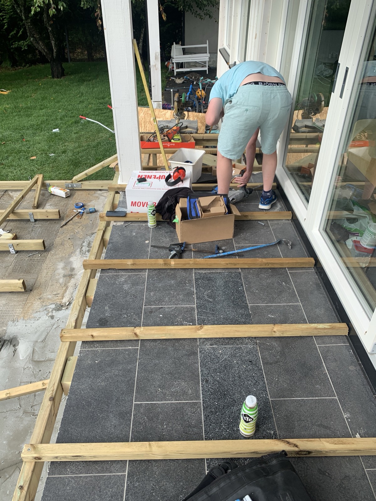 Battens on the upper level by the sliding doors.