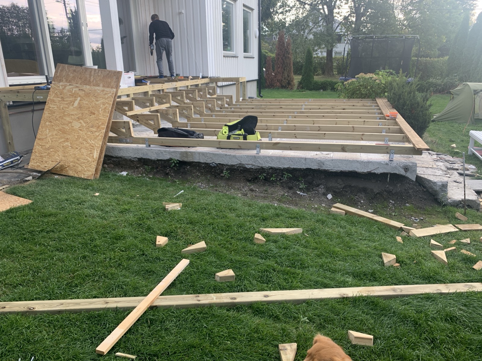 Stringers cut for the wide steps. They had to work as seating as well as stairs, so the treads are much deeper than a normal flight.