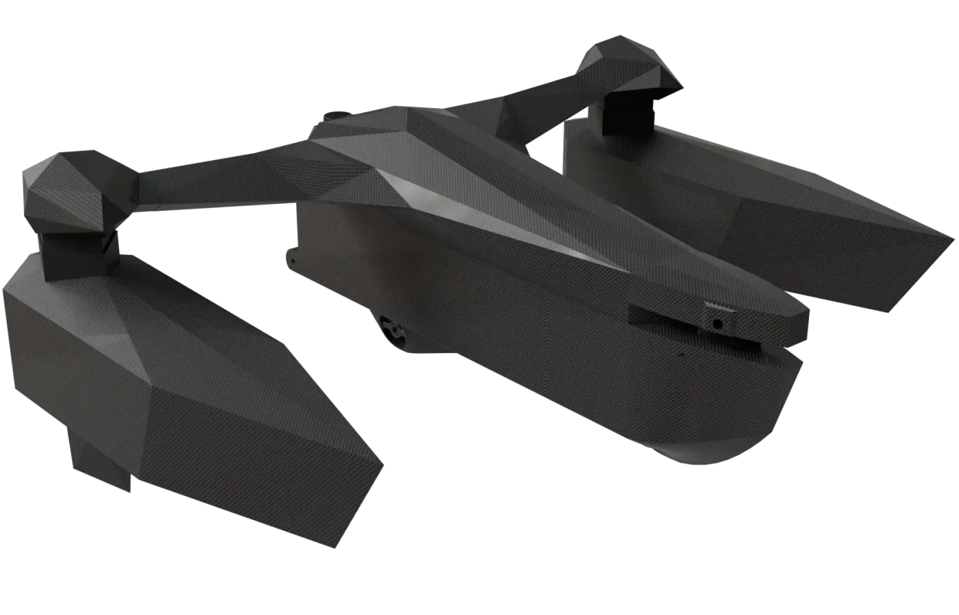 The trimaran as designed: main hull, two actuated outriggers, carbon-fibre skin over a 3D-printed core.